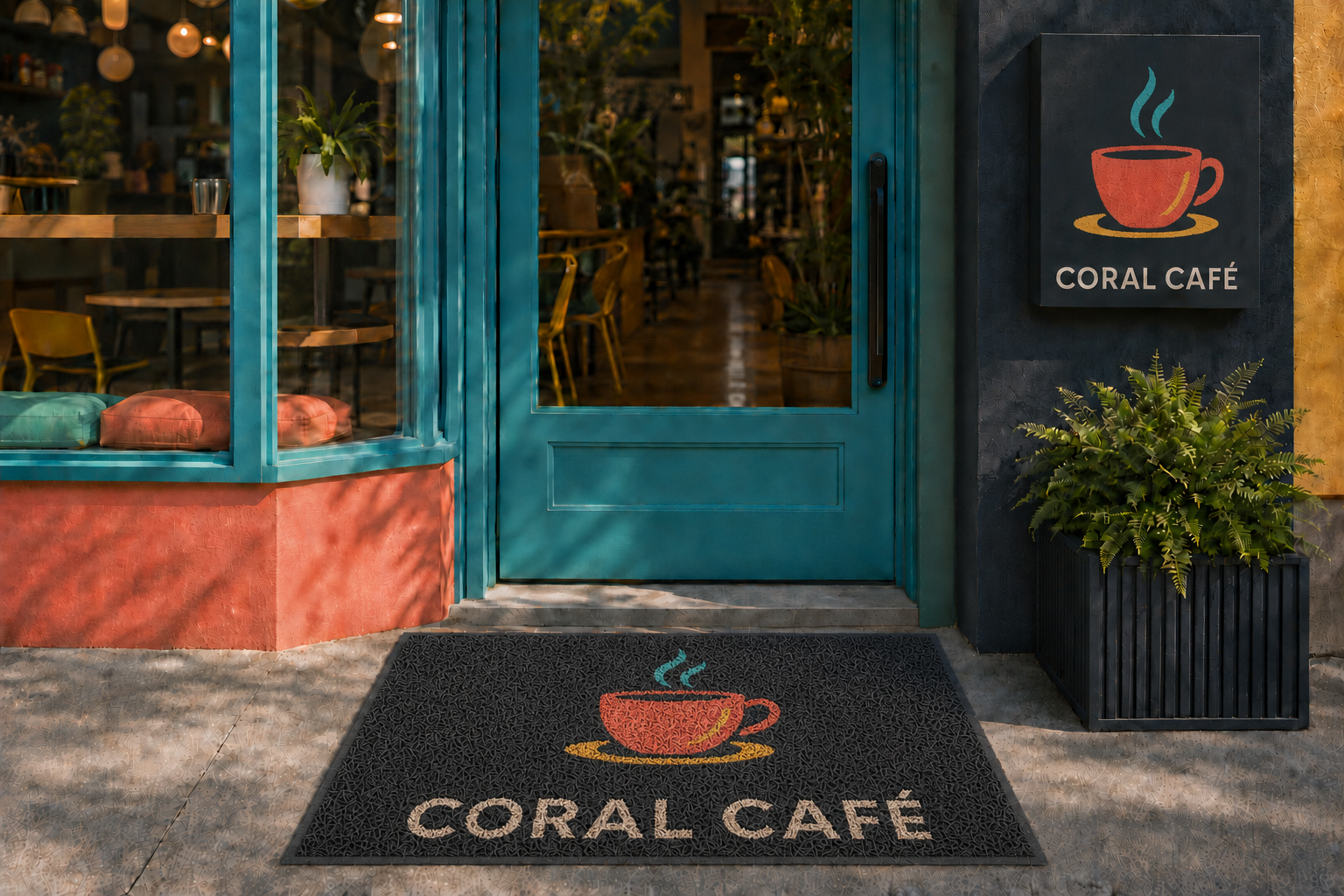 Capacho de vinil com borda rebaixada, símbolo de xícara e o nome Coral Café, iguais aos exibidos na fachada